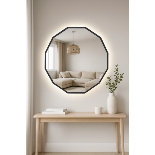 Lustro NÉROLI – nowoczesne lustro wielokątne LED z podświetleniem w czarnej ramie MDF | designerskie lustro dekoracyjne do salonu, sypialni, łazienki,